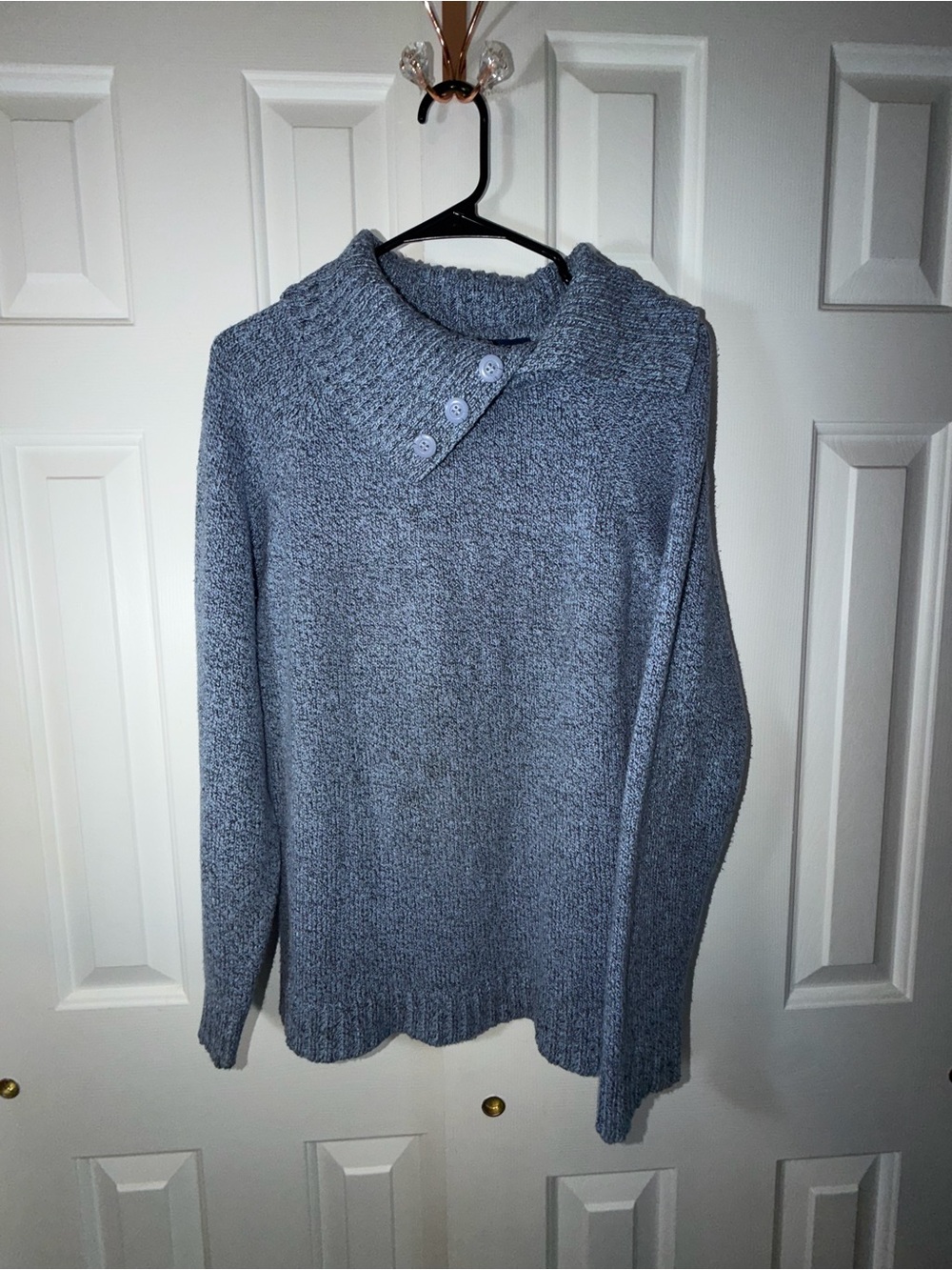 Karen Scott Heathered Blue Button Neck Pullover Sweater
